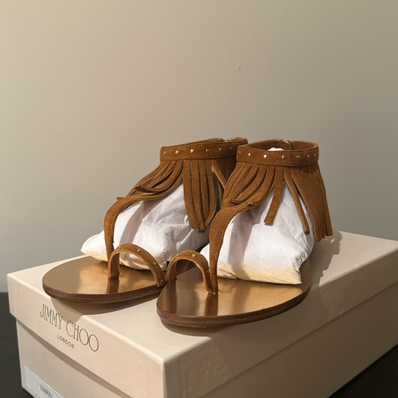 JIMMY CHOO LIKE NEW URIEL FRINGED ANKLE FLATS IN TAN SUEDE SIZE 38 - Picture 4 of 12